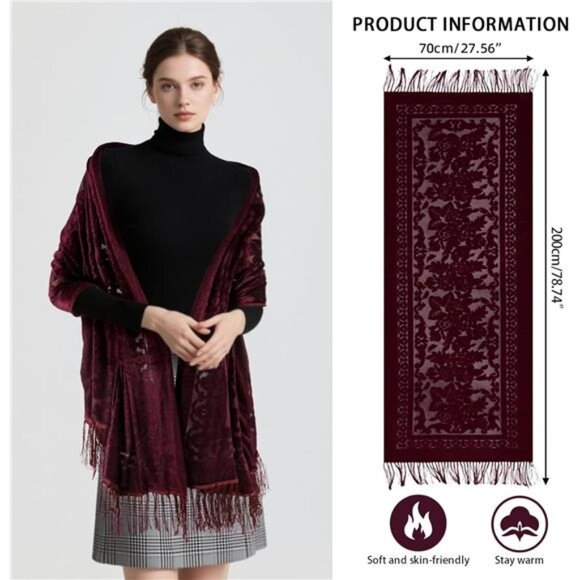 Women Velvet Scarfs Shawls and Wraps for Evening Dresses Wedding Shawl/BURGUNDY - Picture 2 of 5